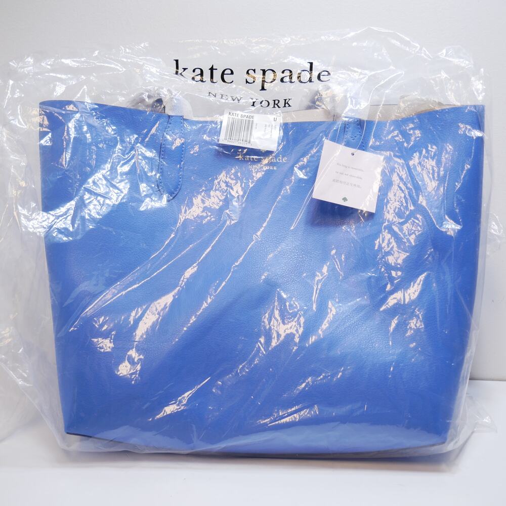 New Kate Spade Ava Reversible Blue & Cream Leather Tote Pouch K6052 MSRP $359